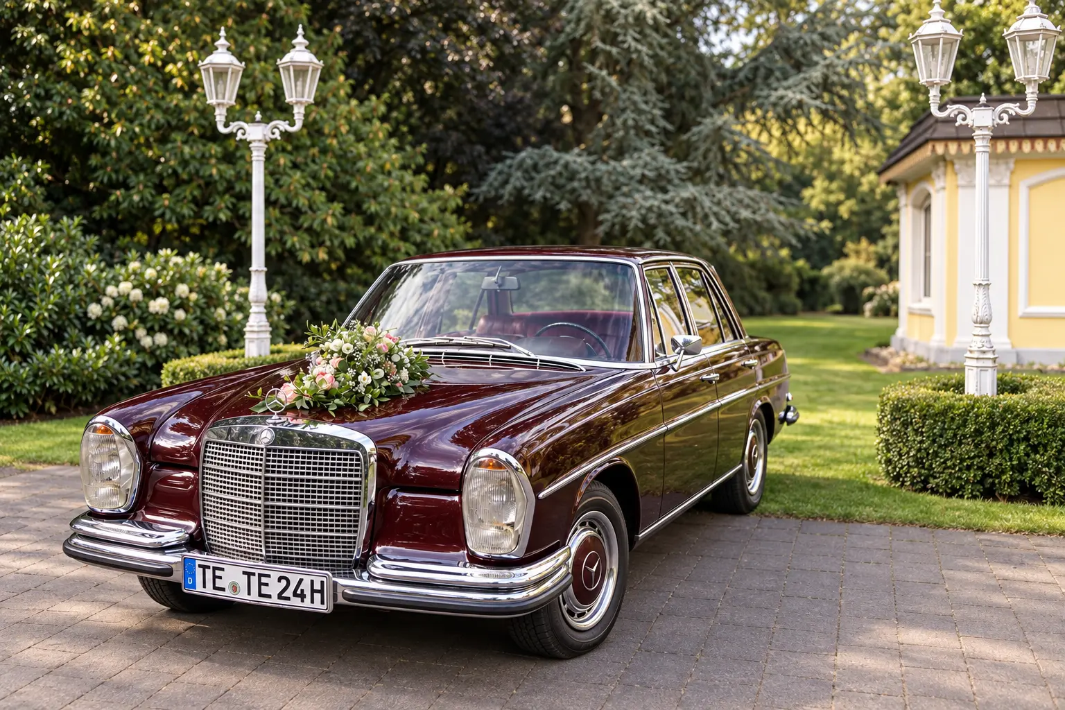 Bordeauxroter Mercedes-Benz 280 S mit Blumenschmuck in einer Gartenanlage